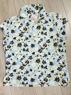 Ashworth AWS Floral Golf Polo Shirt Large Women Blue Green Short Sleeve Casual🔥